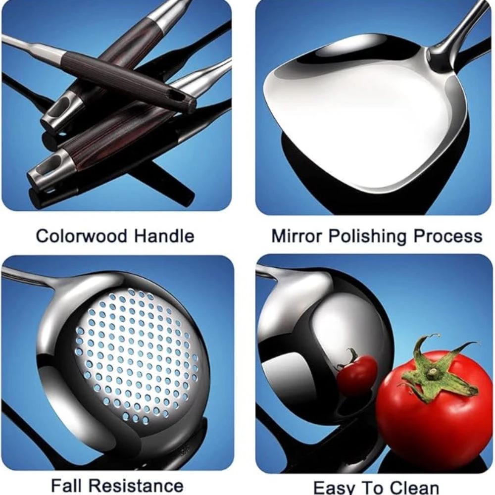 Gleaming Stainless Steel Wooden Utensils | 6Pcs Set by Casa & Beyond