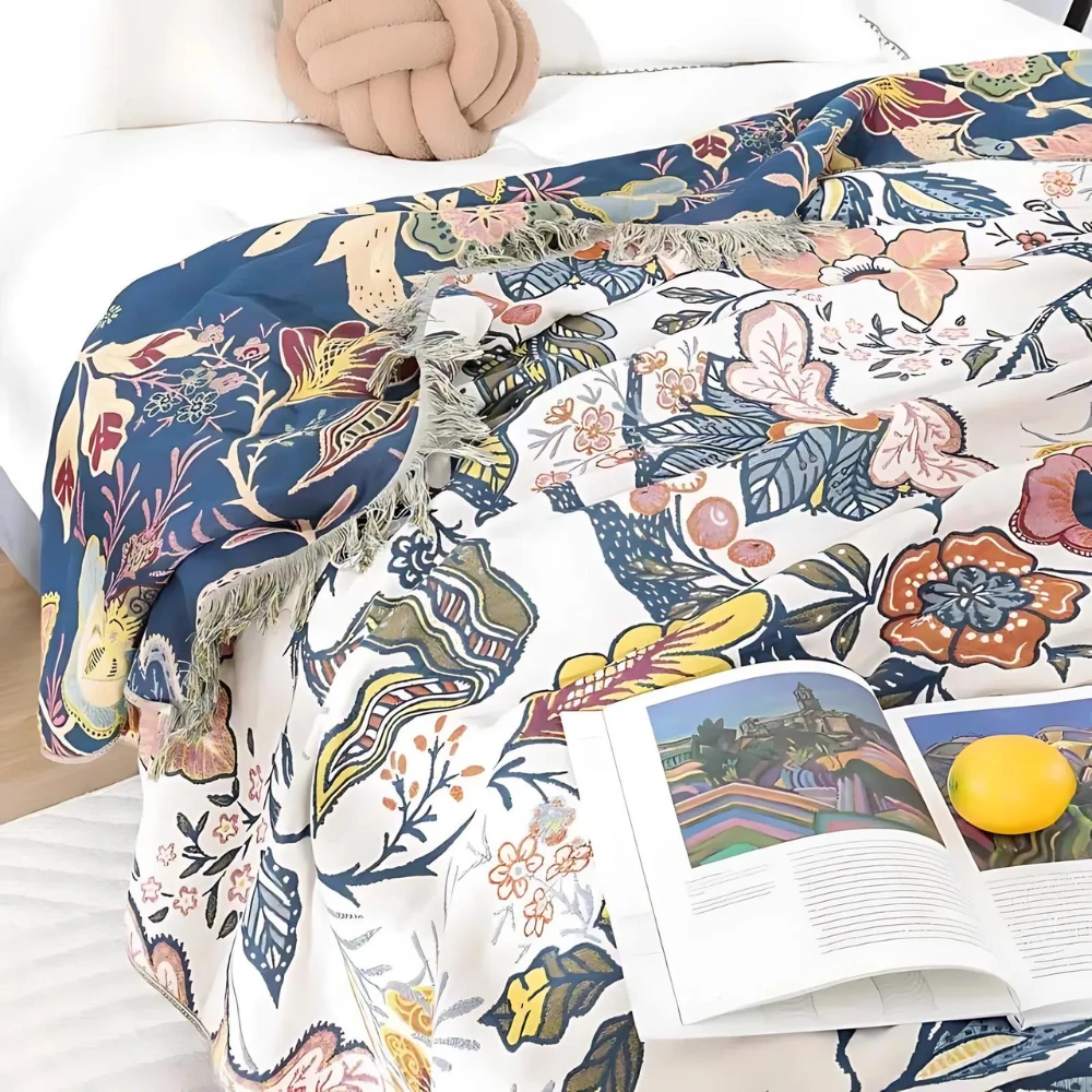 Rustic Artistic Flora Blanket | 100% Floral Cotton Blanket by Casa & Beyond