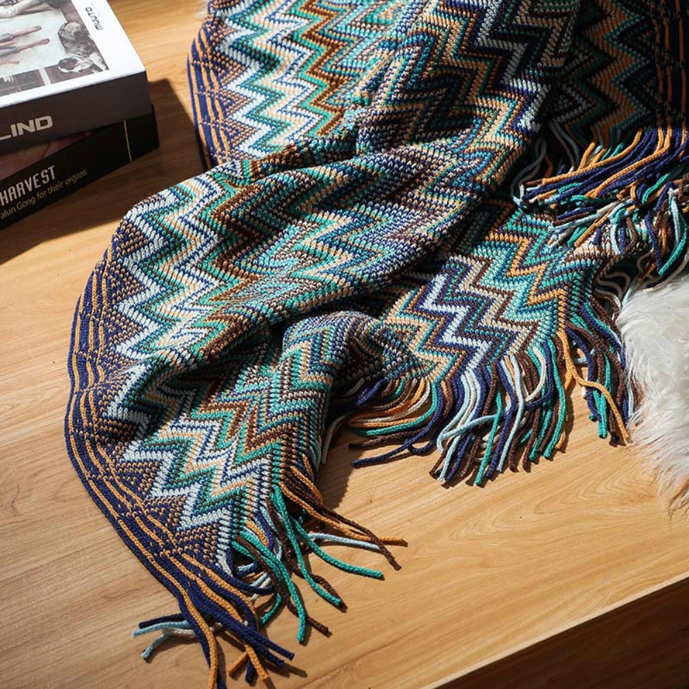 Multicolor Zigzag Tasseled Knit Throw by Casa & Beyond