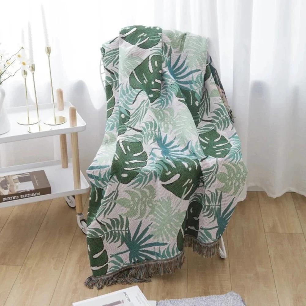 Palm Leaves Sofa Cover Tassel Blanket by Casa & Beyond
