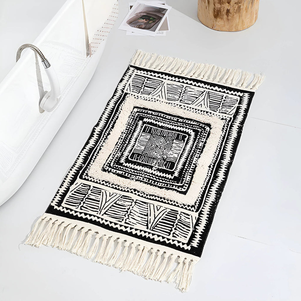 Black and White Geometric Tassel Floor Mat by Casa & Beyond