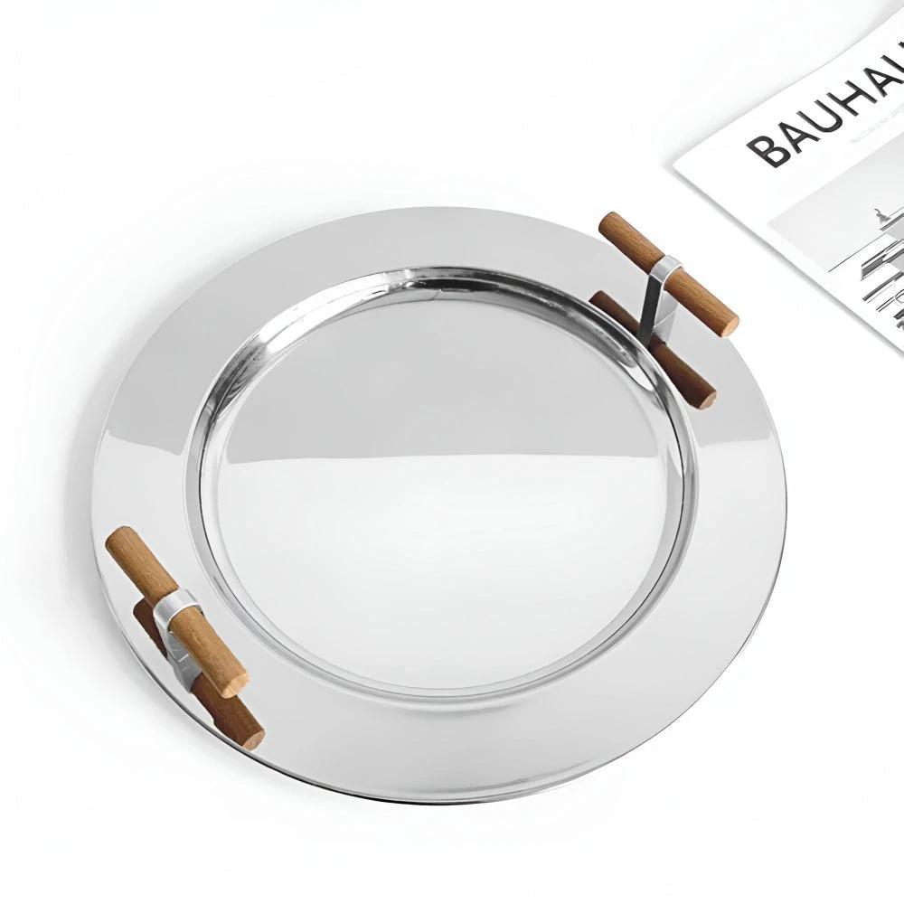 Elegant Stainless Steel Round Tray with Wooden Handles by Casa & Beyond