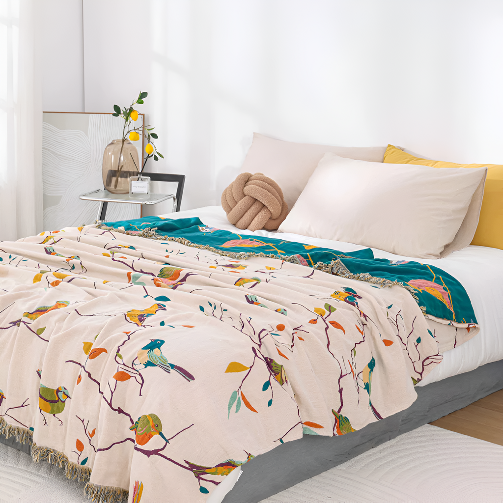 Whimsical Bird Tassel Cotton Blanket by Casa & Beyond