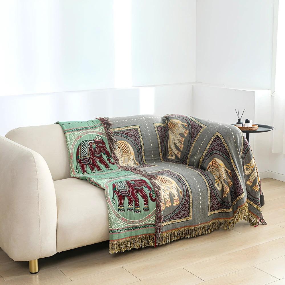 Bohemian Elephant Print Tassel Blanket by Casa & Beyond