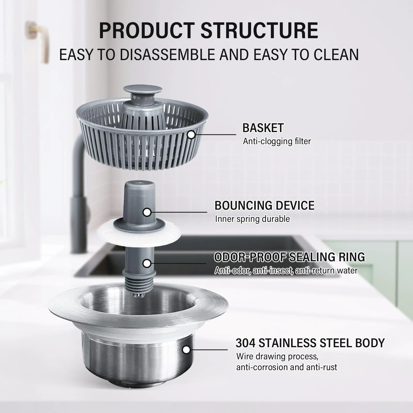 New Upgraded Sink Bounce Core Drain Strainer by BowLift
