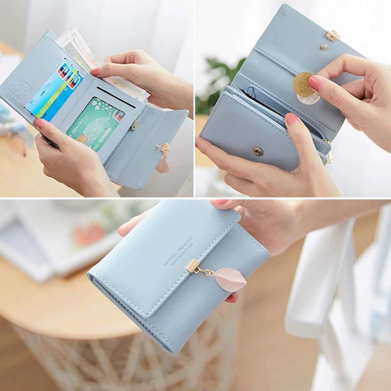 Short wallet with three folds and leaf decor by Bowlift