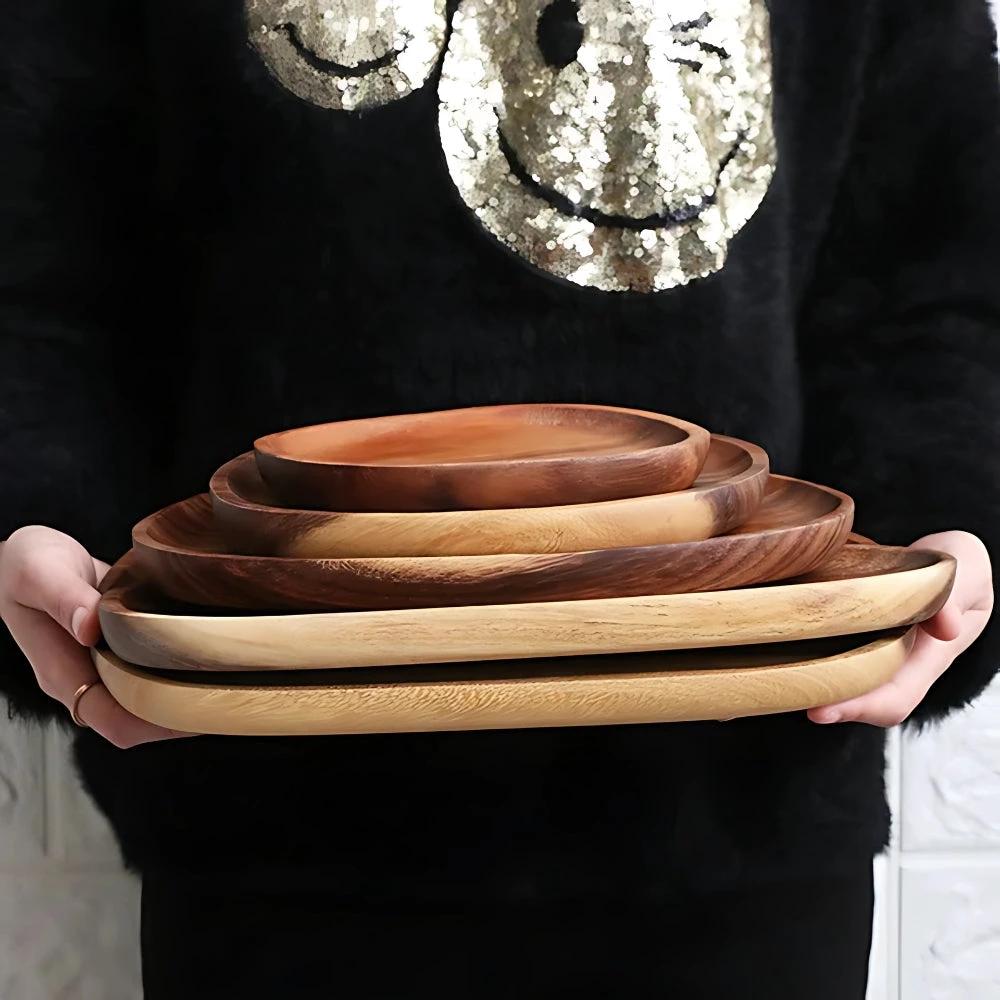 Oval Shaped Acacia Wood Serving Trays Set by Casa & Beyond