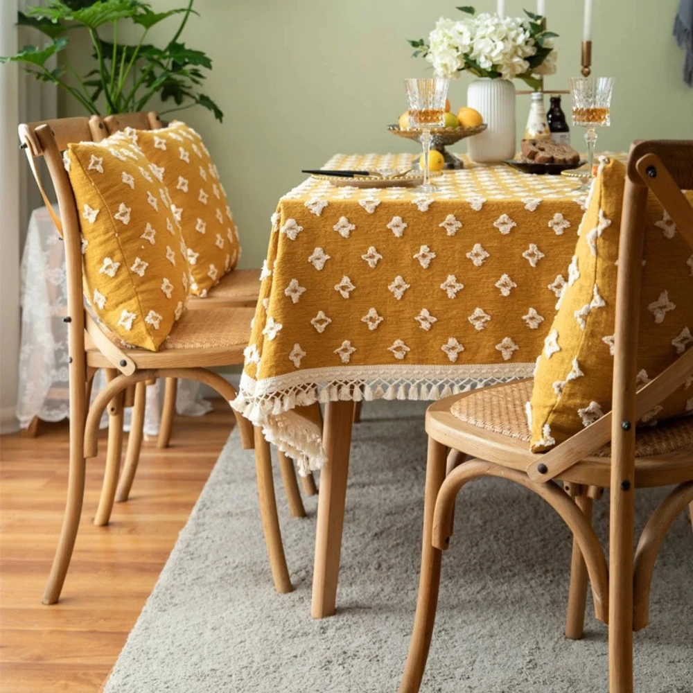 Versatile Yellow Embroidered Tassel Tablecloth by Casa & Beyond