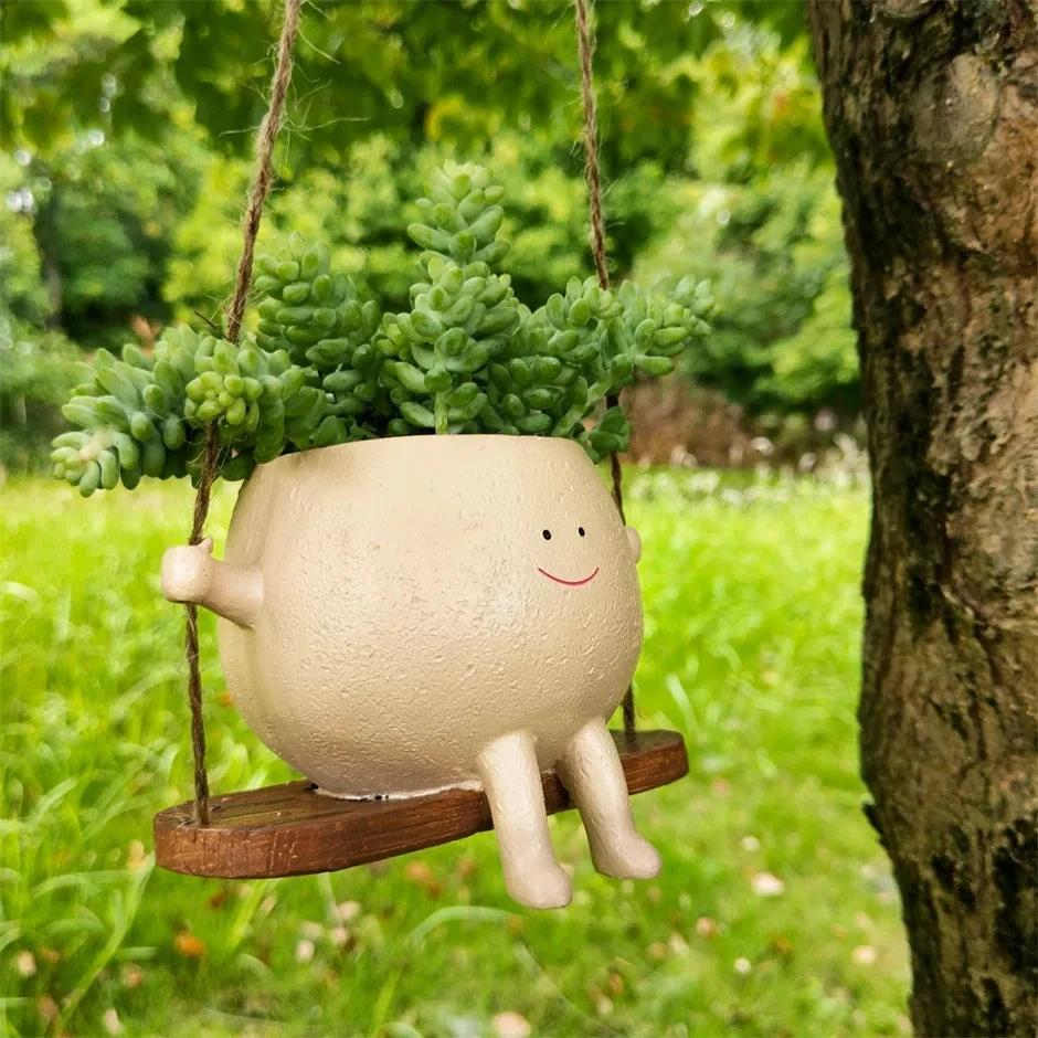 Swinging Face Planter Flower Pot - Resin Head Flower Pot for Indoor/Outdoor Plants Bowlift by Bowlift