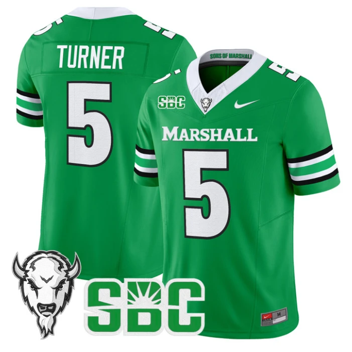 A.J. Turner Jersey #5 Marshall Thundering Herd 2025 Stitched Kelly Green by NCAA Football Jersey