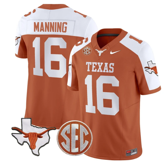 Arch Manning Jersey #16 Texas Longhorns State Map and Sec Patch Vapor Limited College Football Stitched Orange Alternate by My Store