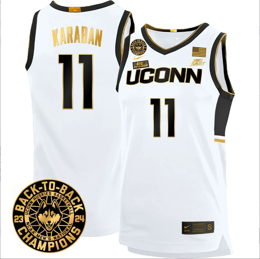 Alex Karaban Jersey #11 UConn Huskies Basketball 2024 Back To Back Champions Patch White Gold by My store basketball