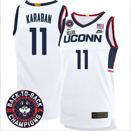 Alex Karaban Jersey #11 UConn Huskies Basketball 2024 Back To Back Champions Patch White Home by My store basketball