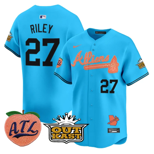 Austin Riley Jersey #27 Atlanta Braves Atliens Peach Vapor Premier Limited Stitched Light Blue by My Store