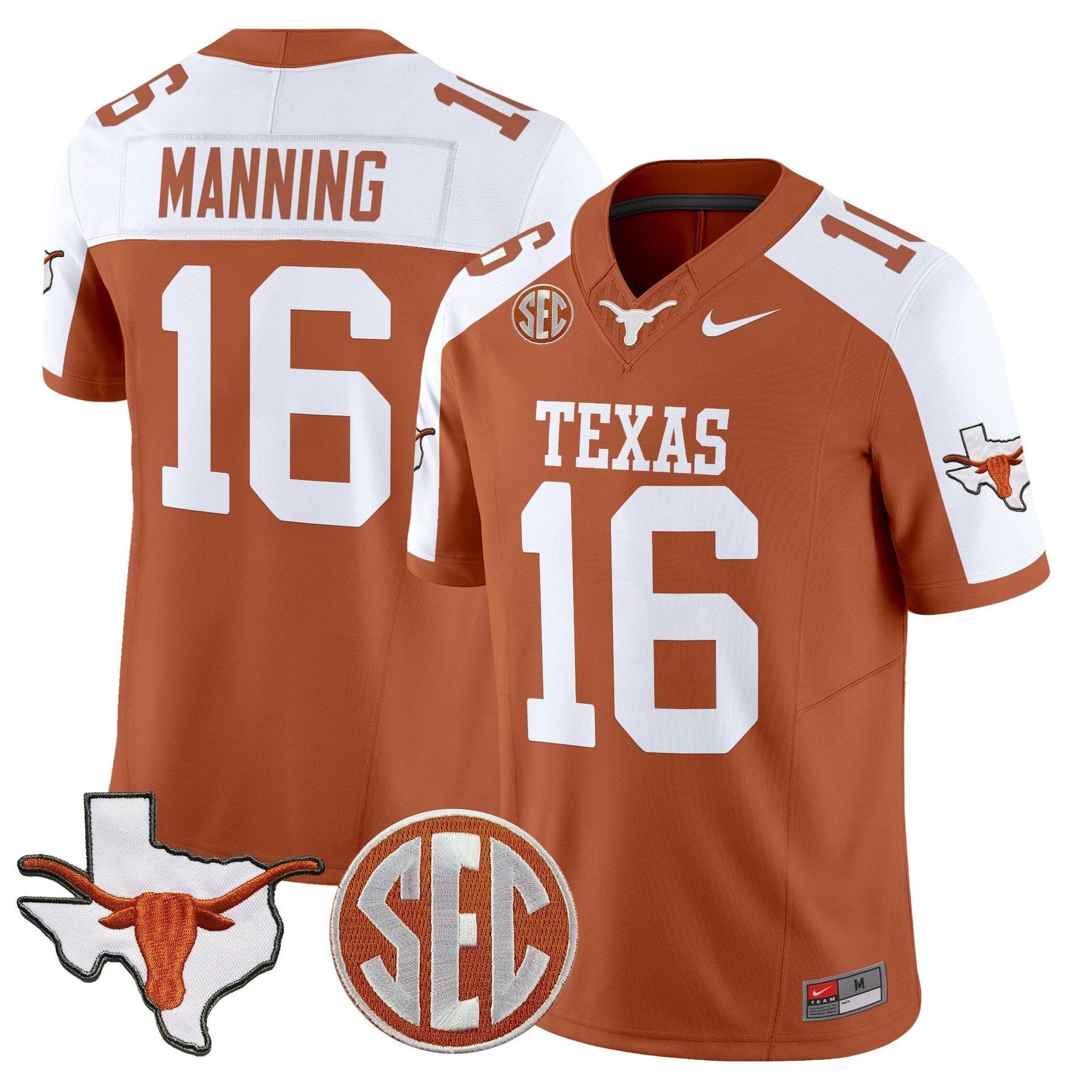 Arch Manning Jersey #16 Texas Longhorns 2025 State Map SEC Patch Orange Alter by My Store