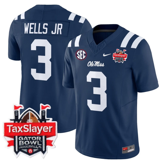 Antwane Wells Jr Jersey #3 Ole Miss Rebels 2024 Gator Bowl V2 Navy by My Store
