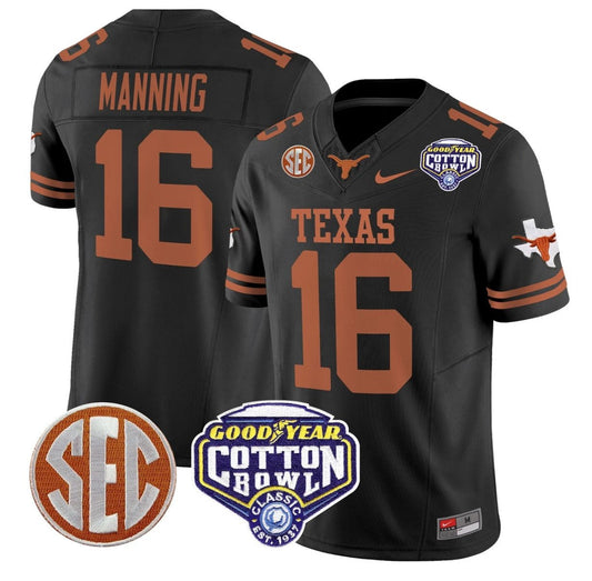 Arch Manning Jersey #16 Texas Longhorns Cotton Bowl Patch Stitched Black by NCAA Football Jersey