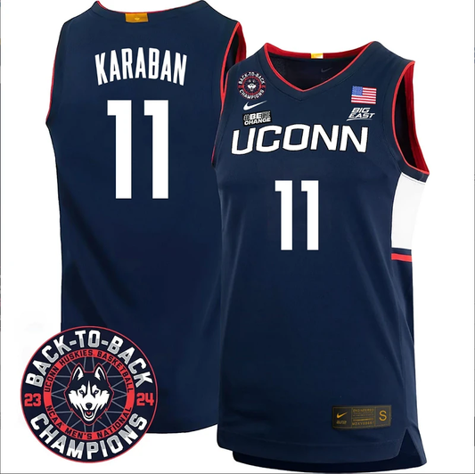 Alex Karaban Jersey #11 UConn Huskies Basketball 2024 Back To Back Champions Patch Navy by My store basketball