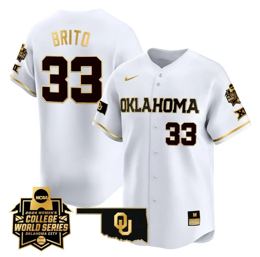 Alyssa Brito Jersey #33 Oklahoma Sooners 2024 College World Series Patch Vapor Premier Limited NCAA Baseball Stitched White Gold by My Store