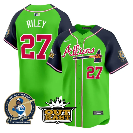 Austin Riley Jersey #27 Atlanta Braves Atliens Hank Aaron Patch Limited Stitched Green Alternate by My Store