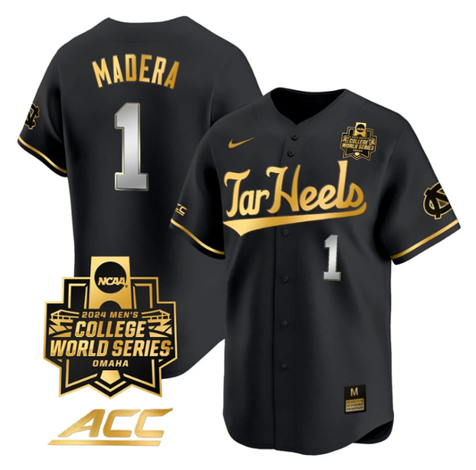 Alex Madera Jersey #1 North Carolina Tar Heels 2024 College World Series Vapor Premier Limited NCAA Baseball Stitched Black Gold by My Store