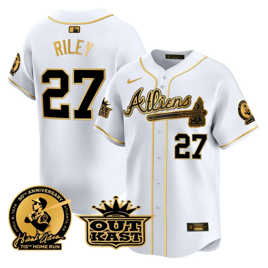Austin Riley Jersey #27 Atlanta Braves Atliens Hank Aaron Patch Limited Stitched White Gold by My Store