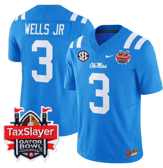 Antwane Wells Jr Jersey #3 Ole Miss Rebels 2024 Gator Bowl V2 Powder Blue by My Store