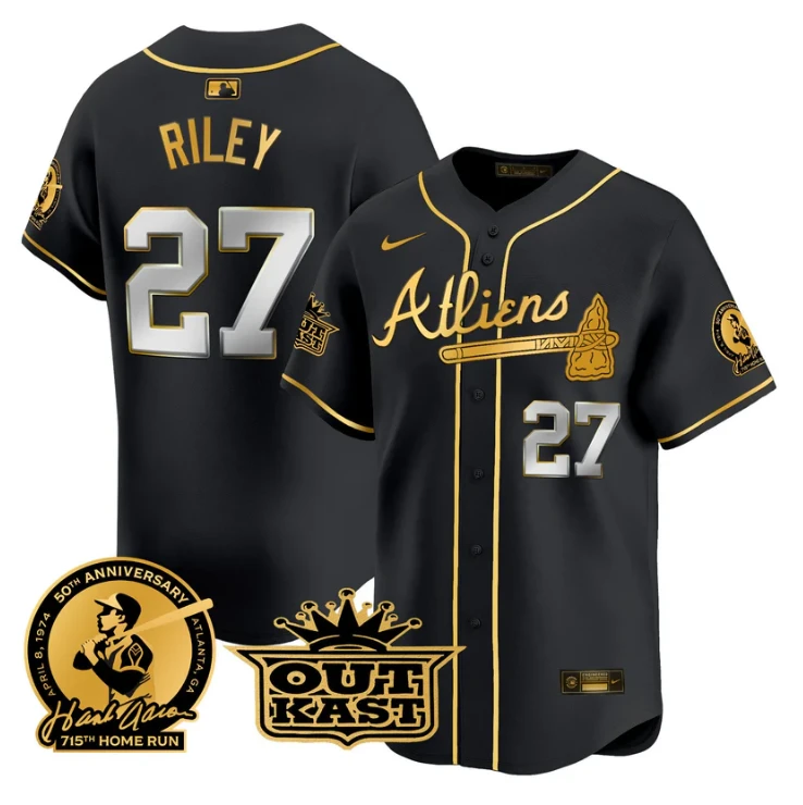 Austin Riley Jersey #27 Atlanta Braves Atliens Hank Aaron Patch Limited Stitched Black Gold by My Store