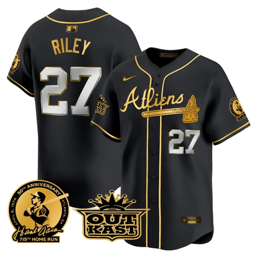 Austin Riley Jersey #27 Atlanta Braves Atliens Hank Aaron Patch Limited Stitched Black Gold by My Store