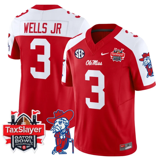 Antwane Wells Jr Jersey #3 Ole Miss Rebels 2024 Gator Bowl V2 Red Alternate by My Store