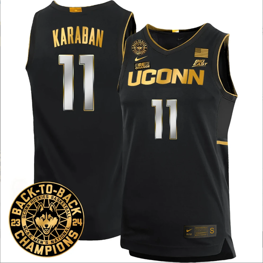 Alex Karaban Jersey #11 UConn Huskies Basketball 2024 Back To Back Champions Patch Navy by My store basketball