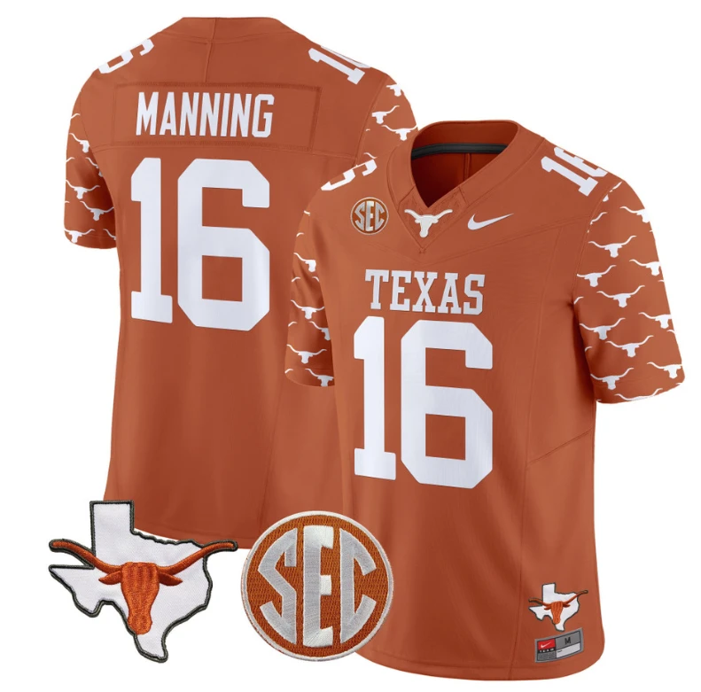 Arch Manning Jersey #16 Texas Longhorns State Map and Sec Patch Vapor Limited College Football Stitched Texas Orange by My Store