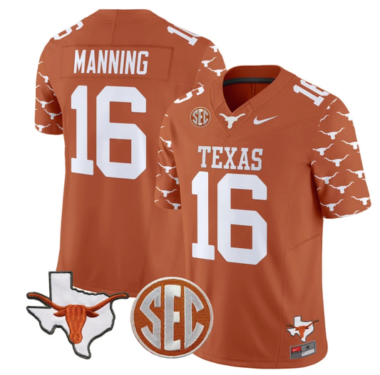 Arch Manning Jersey #16 Texas Longhorns State Map and Sec Patch Vapor Limited College Football Stitched Texas Orange by My Store