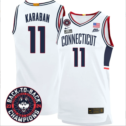 Alex Karaban Jersey #11 UConn Huskies Basketball 2024 Back To Back Champions Patch White by My store basketball