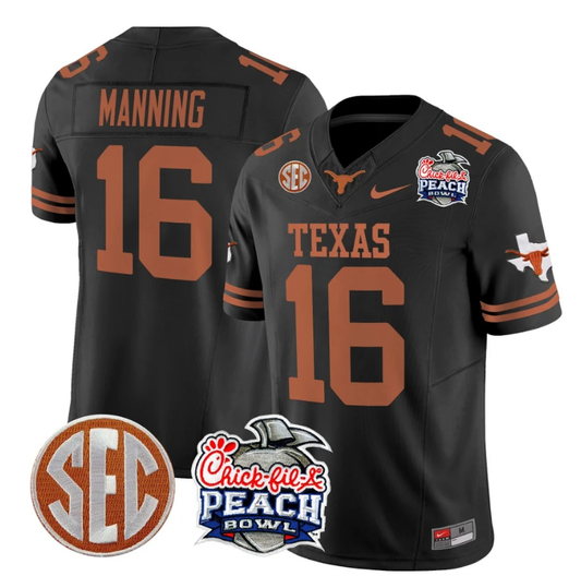 Arch Manning Jersey #16 Texas Longhorns Peach Bowl Patch Vapor Black by My Store