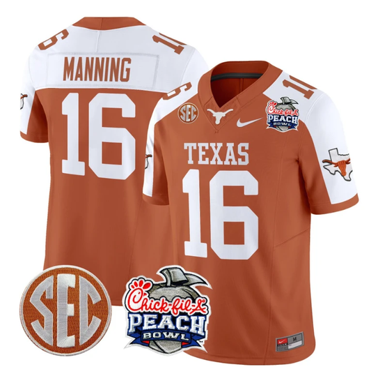 Arch Manning Jersey #16 Texas Longhorns Peach Bowl Patch Vapor Orange Alternate by My Store