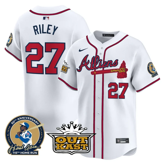 Austin Riley Jersey #27 Atlanta Braves Atliens Hank Aaron Patch Limited Stitched White by My Store