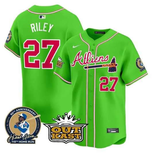 Austin Riley Jersey #27 Atlanta Braves Atliens Hank Aaron Patch Limited Stitched Bright Green by My Store