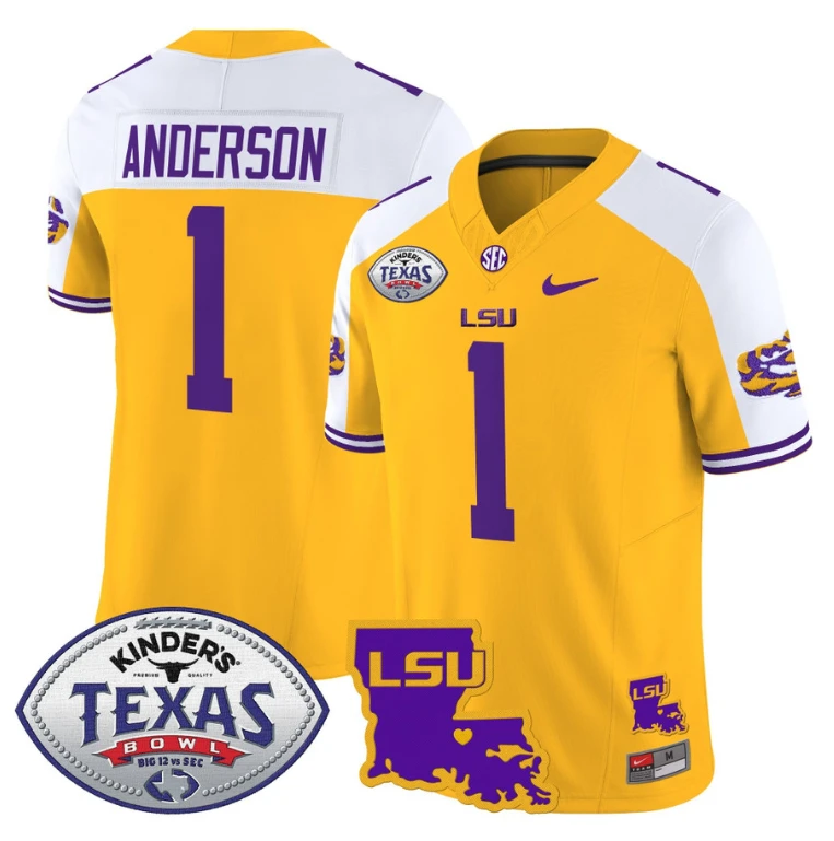 Aaron Anderson Jersey #1 LSU Tigers 2024 Texas Bowl Football Gold Alternate by NCAA Football Jersey