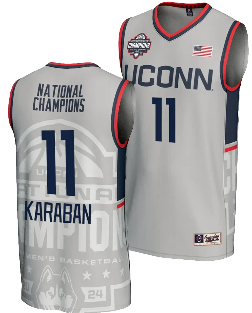Alex Karaban Jersey #11 UConn Huskies 2024 NCAA Basketball National Champions Lightweight Gray by My store basketball