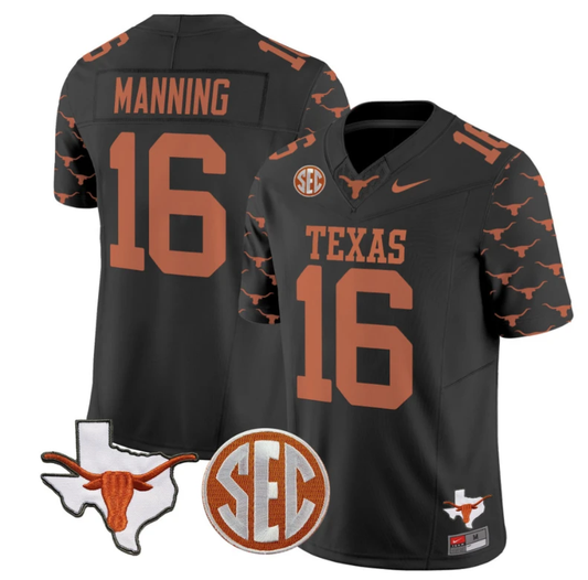 Arch Manning Jersey #16 Texas Longhorns State Map and Sec Patch Vapor Limited College Football Stitched Black by My Store