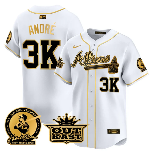 André Jersey #3K Atlanta Braves Atliens Hank Aaron Patch Limited Stitched White Gold by My Store