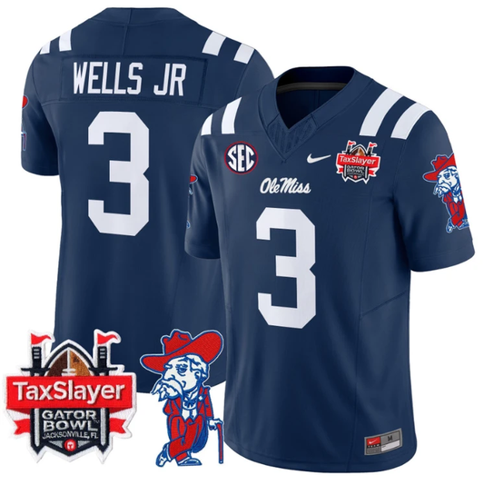 Antwane Wells Jr Jersey #3 Ole Miss Rebels 2025 Gator Bowl Patch Navy by My Store