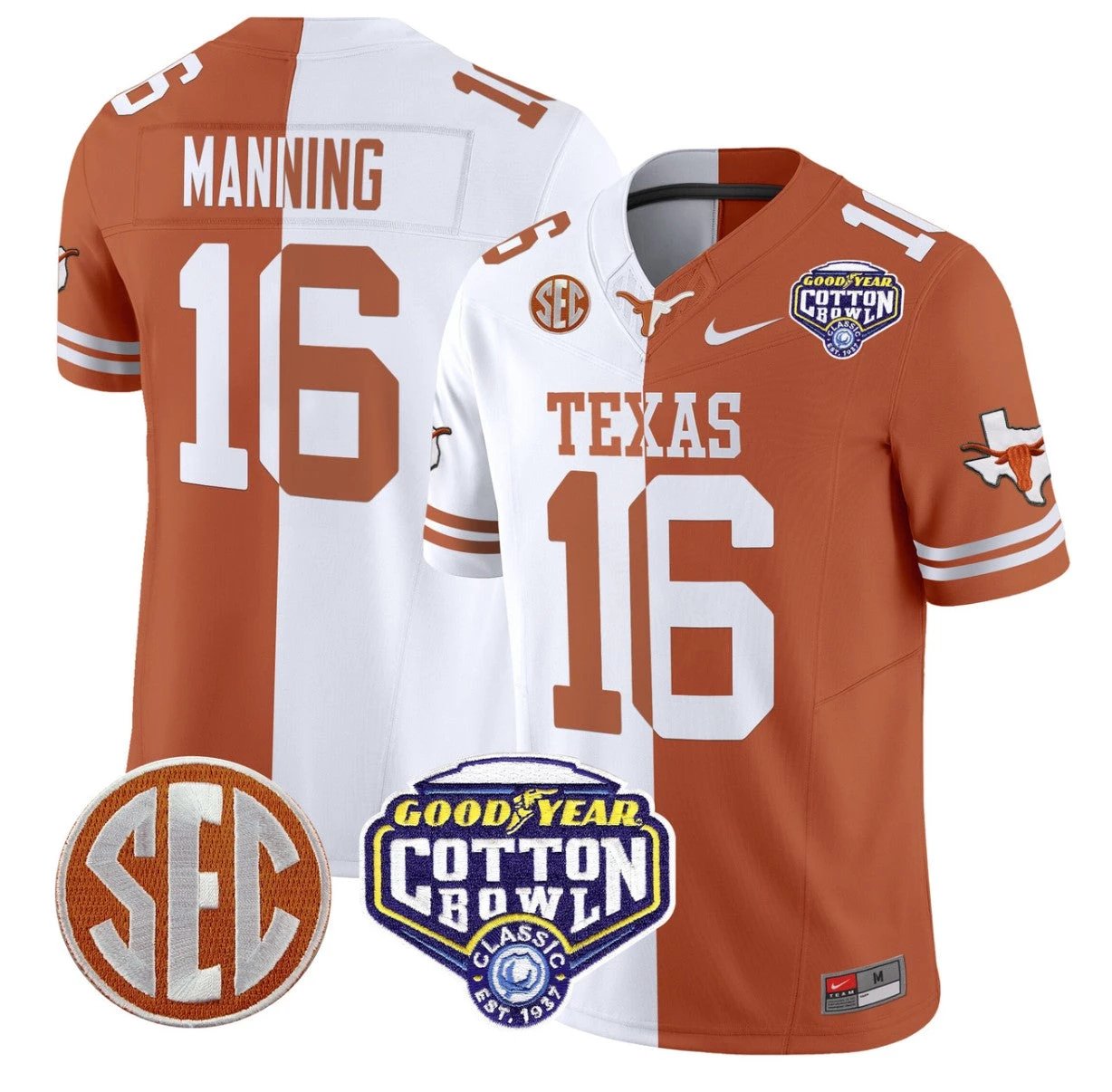 Arch Manning Jersey #16 Texas Longhorns Cotton Bowl Patch Stitched Split by NCAA Football Jersey