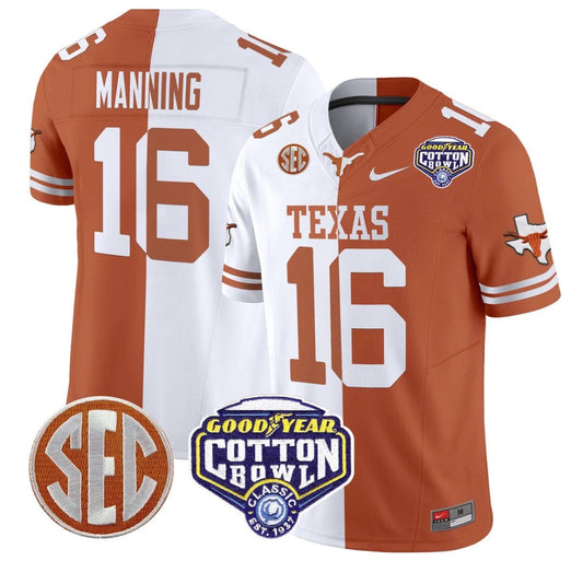 Arch Manning Jersey #16 Texas Longhorns Cotton Bowl Patch Stitched Split by NCAA Football Jersey
