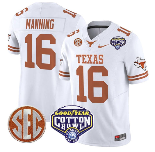 Arch Manning Jersey #16 Texas Longhorns Cotton Bowl Patch Stitched White by NCAA Football Jersey