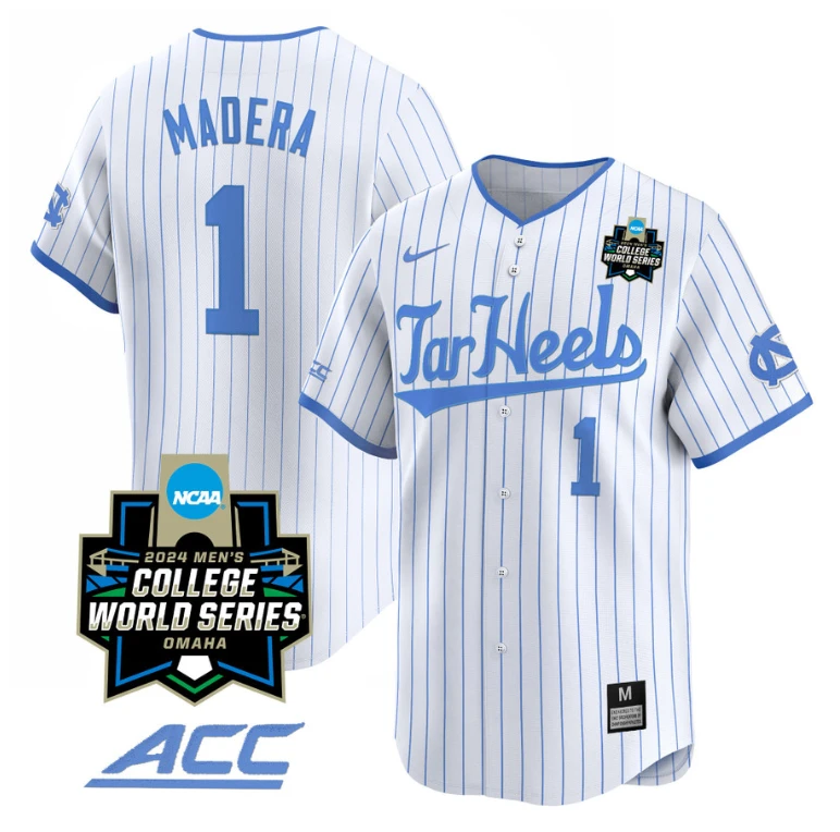Alex Madera Jersey #1 North Carolina Tar Heels 2024 College World Series Vapor Premier Limited NCAA Baseball Stitched White Pinstripe by My Store
