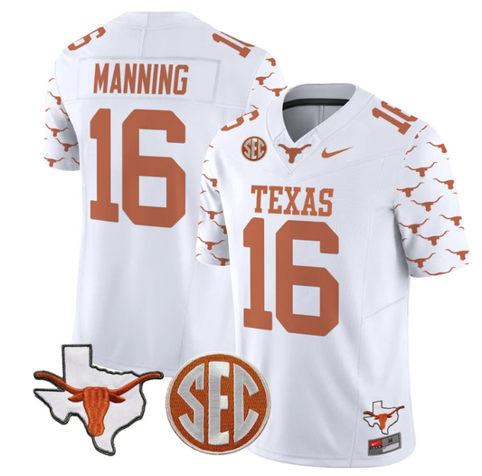 Arch Manning Jersey #16 Texas Longhorns State Map and Sec Patch Vapor Limited College Football Stitched White by My Store