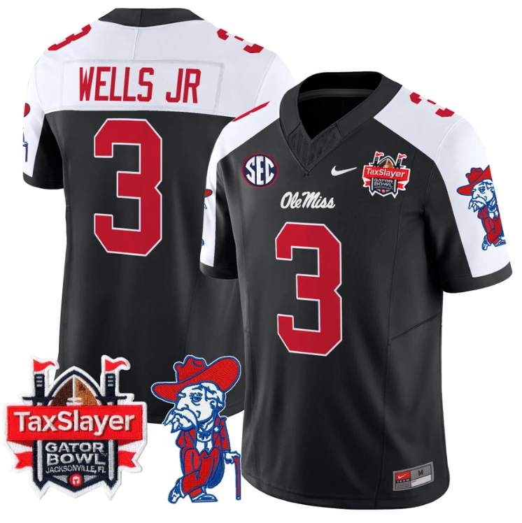 Antwane Wells Jr Jersey #3 Ole Miss Rebels 2025 Gator Bowl Patch Black Alternate by My Store