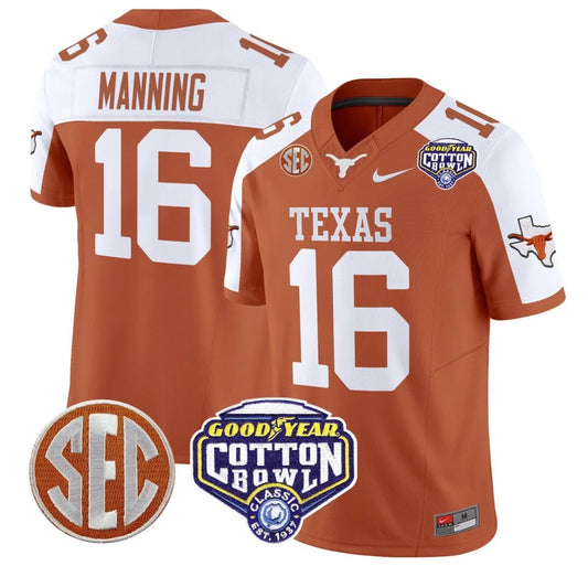 Arch Manning Jersey #16 Texas Longhorns Cotton Bowl Patch Stitched Orange Alternate by NCAA Football Jersey